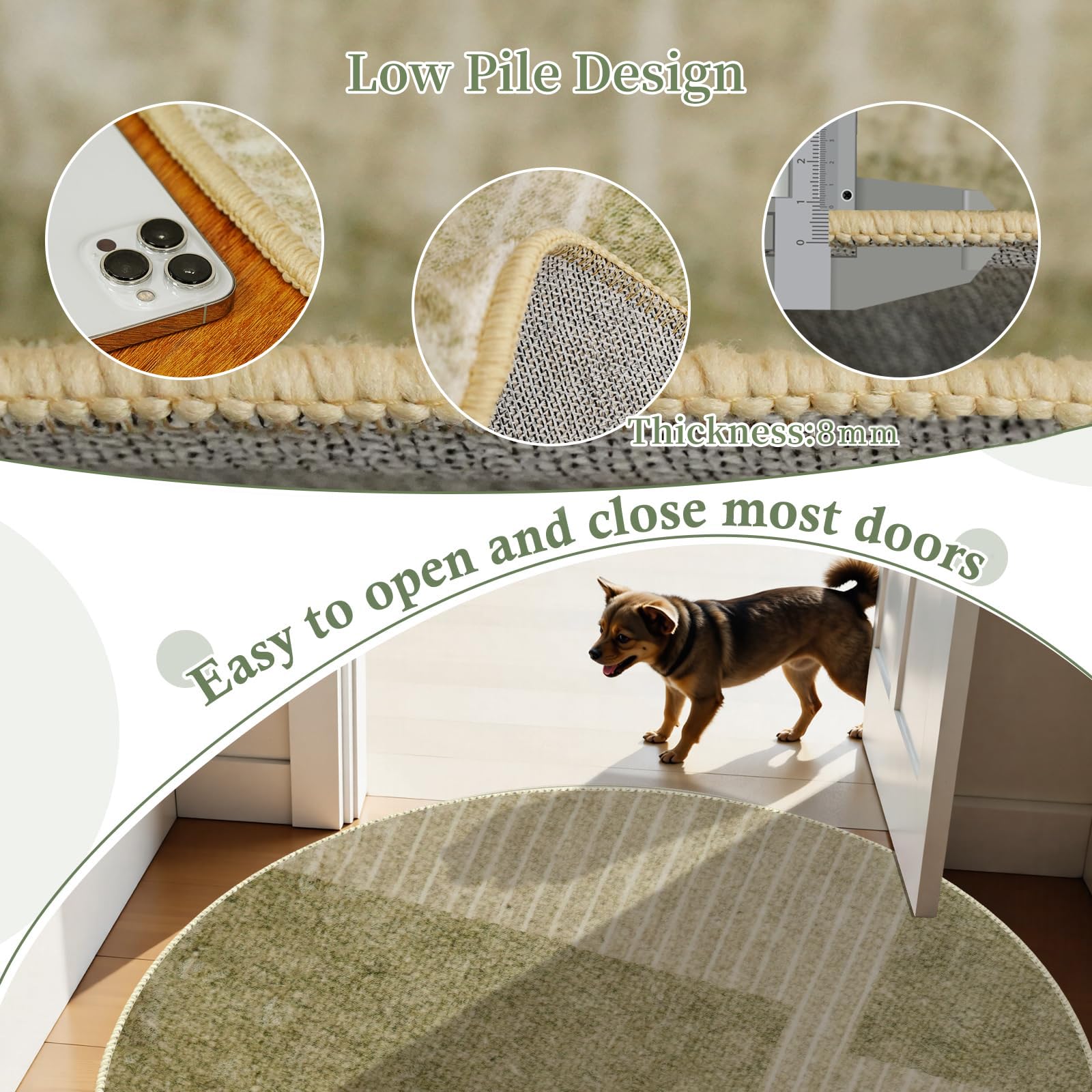 Tapis de salon rond 80 cm, moelleux à poils courts avec design géométrique vert et beige, antidérapant et lavable, pour le salon ou comme descente de lit, en vert, beige