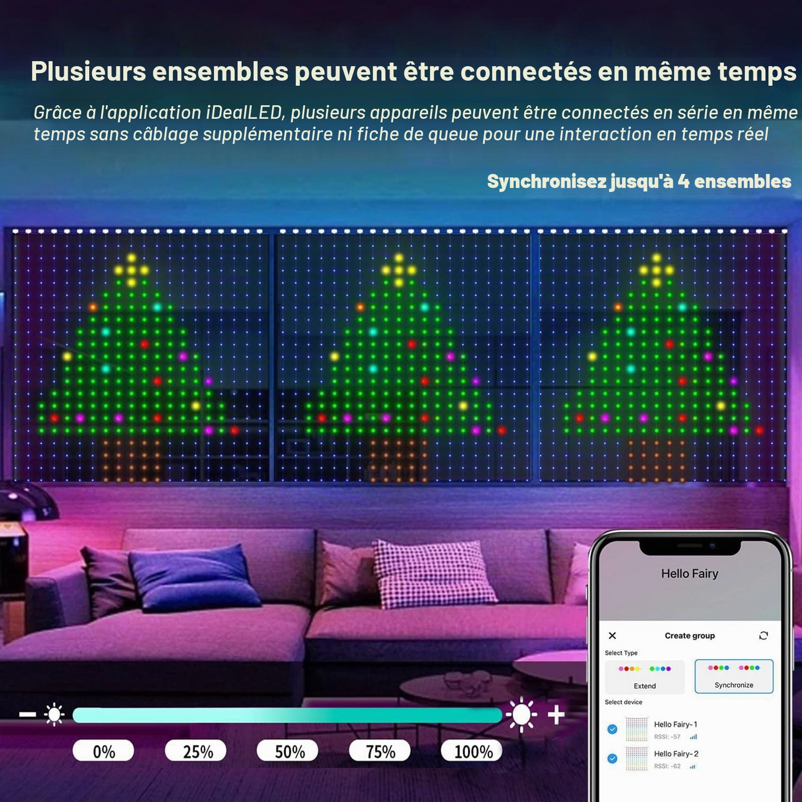 Smart rideau lumineux, 400 LED changement de couleur rideau lumineux USB télécommande app Control musique sync LED lumière DIY fenêtre lumière chambre salon décoration de Noël(2x2m)