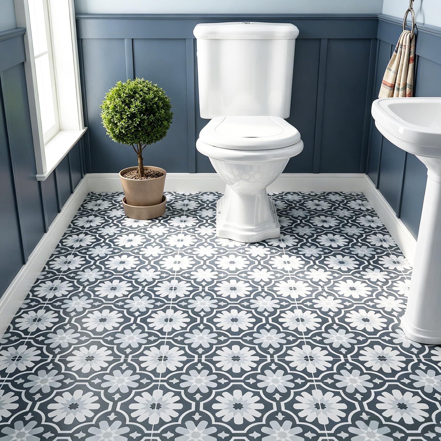 FunStick Piastrelle adesive per pavimenti in vinile blu e grigio, impermeabili, 30,5 x 360,7 cm, motivo floreale, per bagno, affittuari, camper, camera da letto, rotolo adesivo per pavimenti