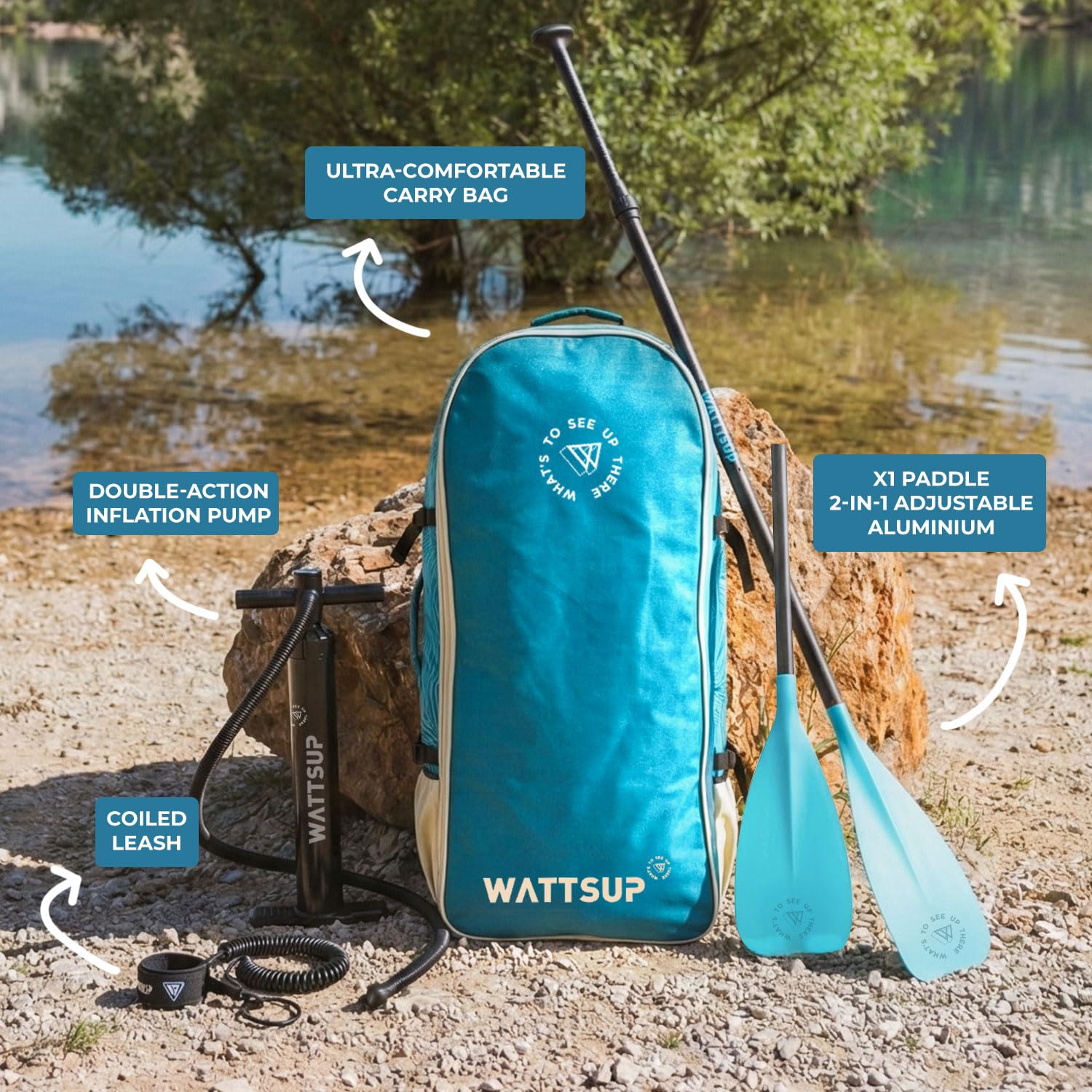 Wattsup - SUP Stand Up Paddle Gonfiabile MARLIN 12'5-378x89x15 cm, Dropstitch - Pacchetto completo: Remo 2in1, Leash, Pompa, Borsa di Trasporto - Fino a 185 kg - Blu