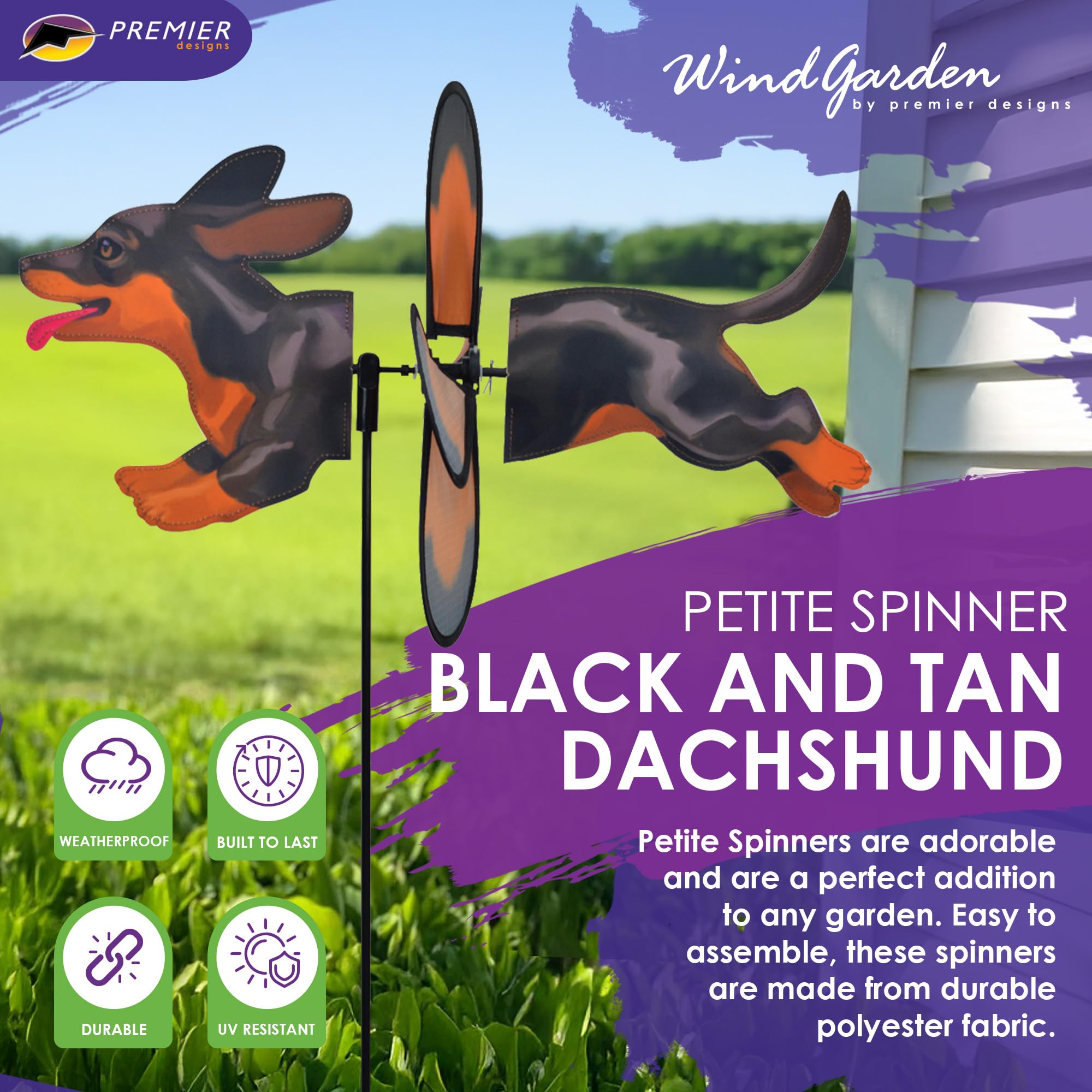 Premier Kites Petite Spinner Black and Tan Dackel - Skurriles Windspiel für Hof & Garten, strapazierfähiges, wetterbeständiges Gewebe, einfach zu montieren, Outdoor-Dekor für Terrassen, Rasenflächen