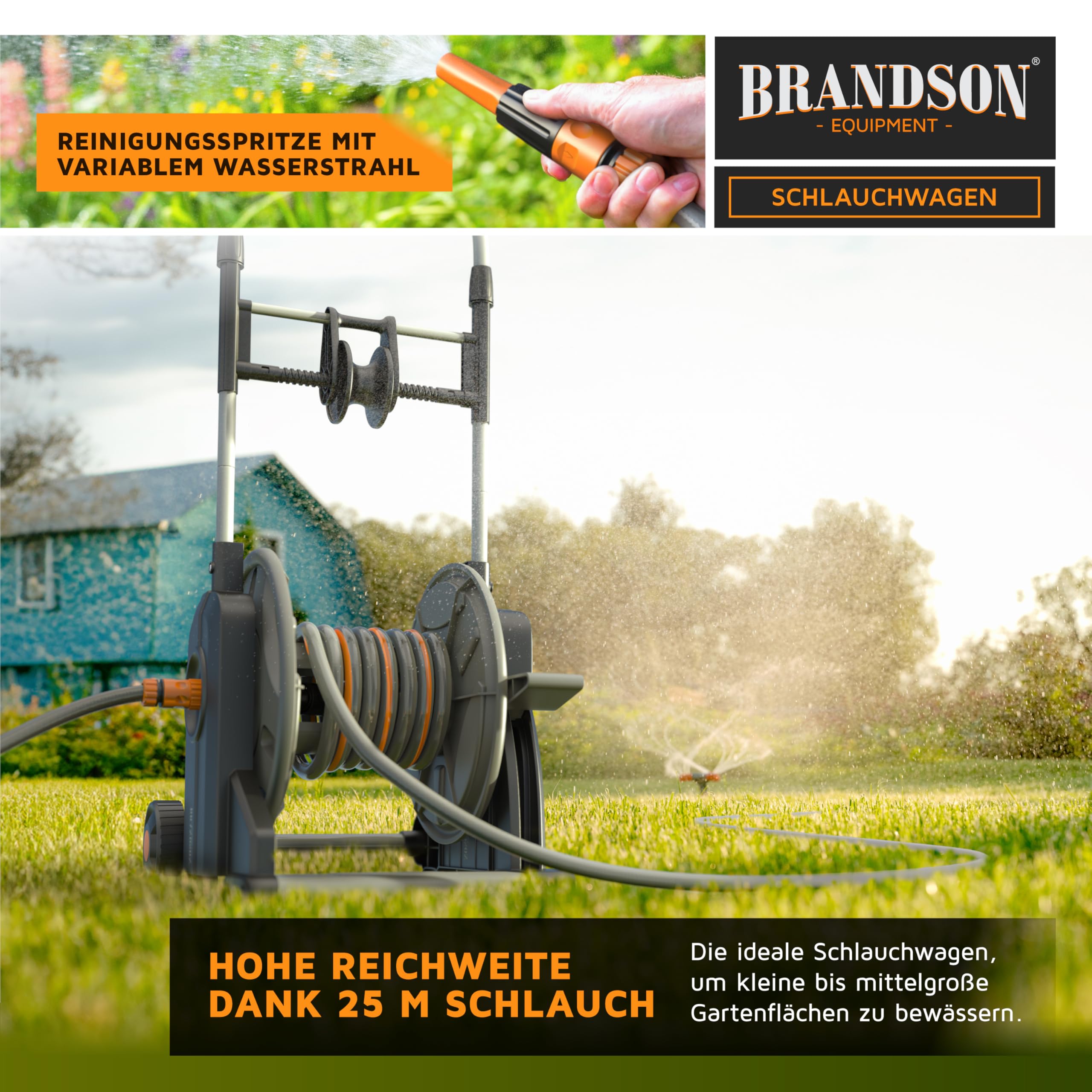 Brandson - Garten Schlauchwagen mit Schlauch/Schlauchtrommel inkl. Gartenschlauch 25 m + 2 m Schlauch plus Zuleitung – 3/4 Zoll - automatische Schlauchführung - Aufrollhilfe – Gardena kompatibel