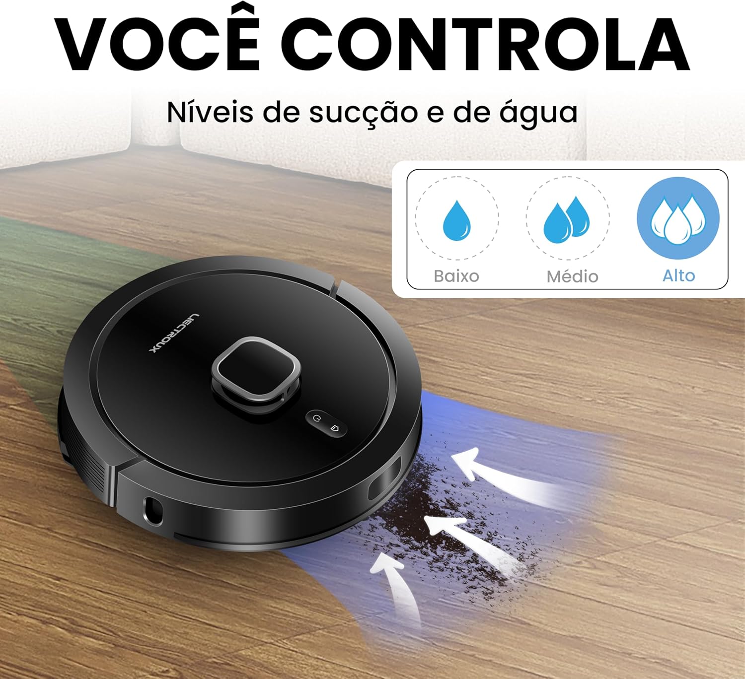 Liectroux G7 robot vacuum on a floor, with icons indicating adjustable suction and water levels (low, medium, high) for different cleaning intensities.