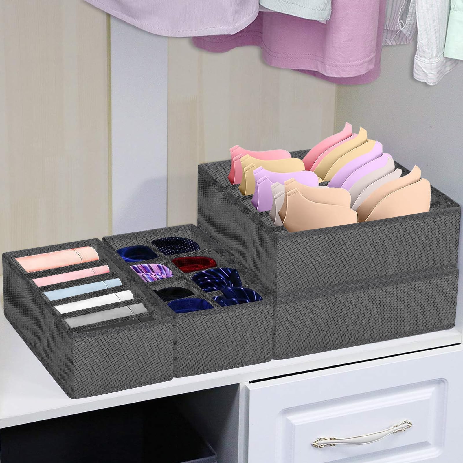 Senteen Organizer Cassetti Intimo Scatola, 4 Pezzi Organizzatori per Biancheria Intima Set Armadio Divisori Pieghevole Storage Box Organizzatore Cassetti per Reggiseni Slip Calze Cravatte (Bianco