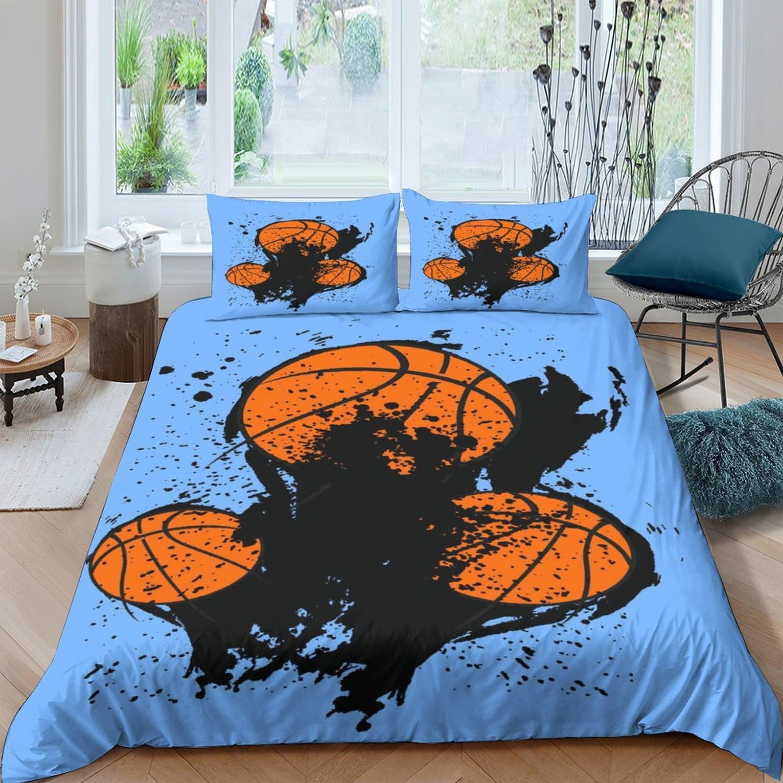 Ctjqhvkz Style-2 3D Printed Basketball Splash Fitted Sheet Microfiber Soft Orange Blue Bed Cover For Bedroom Guest Room Mattress Protection Decor Single（135X200cm）