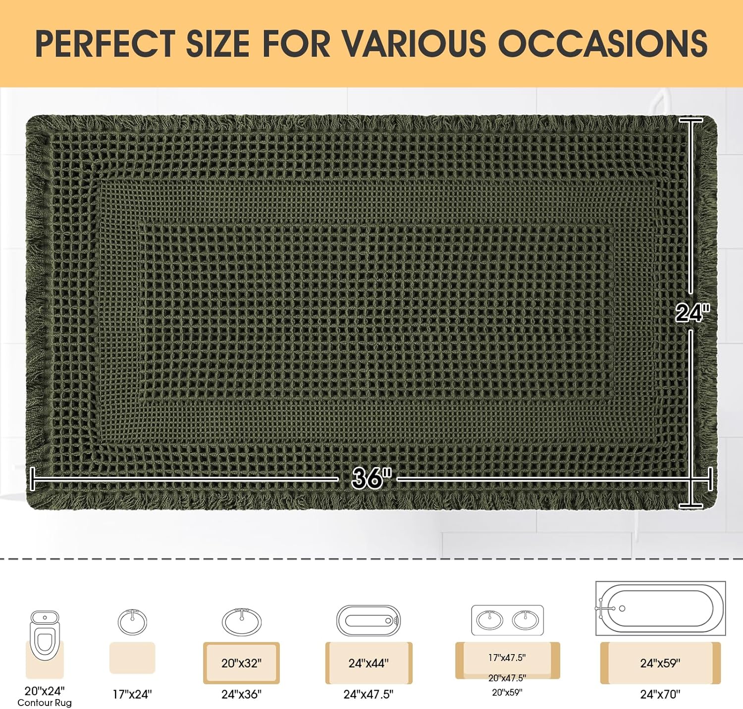 Waffle Bath Mat, Boho Woven Modern Bath Rug Absorbent Non Slip, Ultra Soft Bathroom Mats, Machine Washable Knit Bath Rugs with Tassels for Bathroom, Bedroom, Kitchen, Shower, Tub, 36"x24", Dark Green
