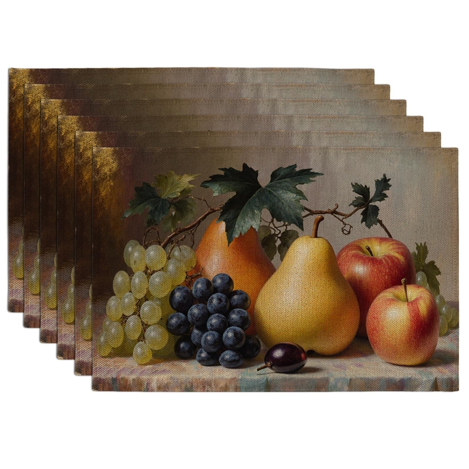 Vintage Fruits Placemats, Artistic Botanical Place Mats for Dining Table, Seasonal Non-Slip Washable Indoor Outdoor Kitchen Party Decorative Placemat Set of 6
