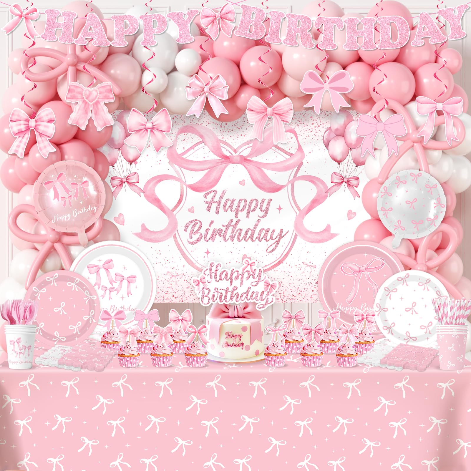 Pink Bow Birthday Decorations, Coquette Birthday Decorations includes Pink Coquette Balloons Banner Tablecloth Cake Topper Plates and Napkins, Bow