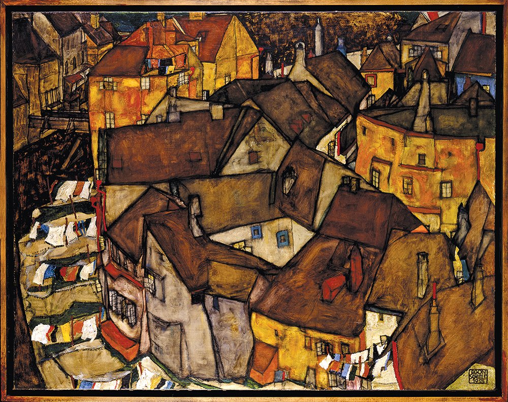 Cuadro de Egon Schiele - The Small City enmarcado en madera marrón, lámina mate chica