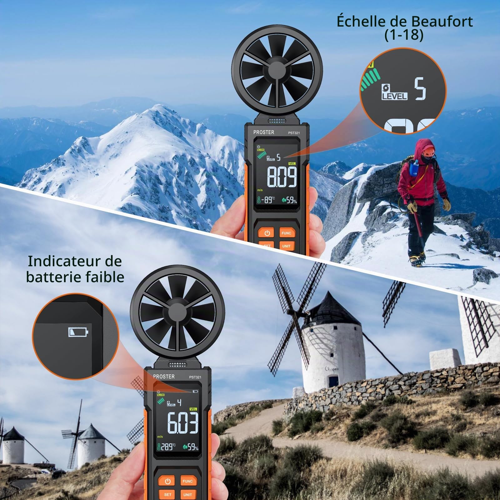 Proster Anémomètre Numérique Professionnel Multifonction - Mesure du Vent, Débit d’Air (CFM/CMM/CMS), Température, Point de Rosée et Boule Humide - Écran Couleur pour Industriel, Éolien, HVAC, Marine