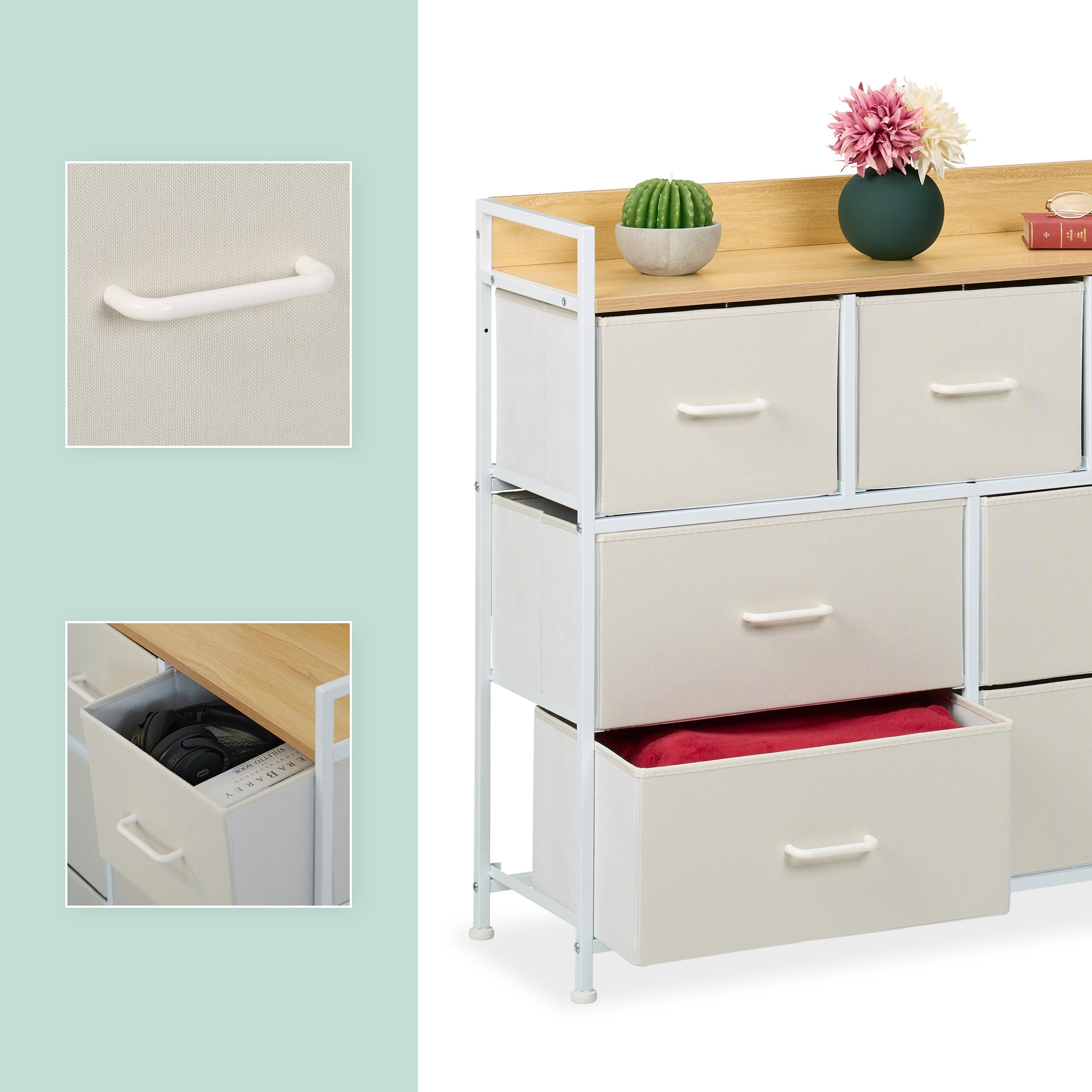 Relaxdays Cómoda 7 Cajones, 85 x 100 x 30,5 cm, Mueble Recibidor, Pasillo y Dormitorio, Cajonera Moderna, Beige y Blanco