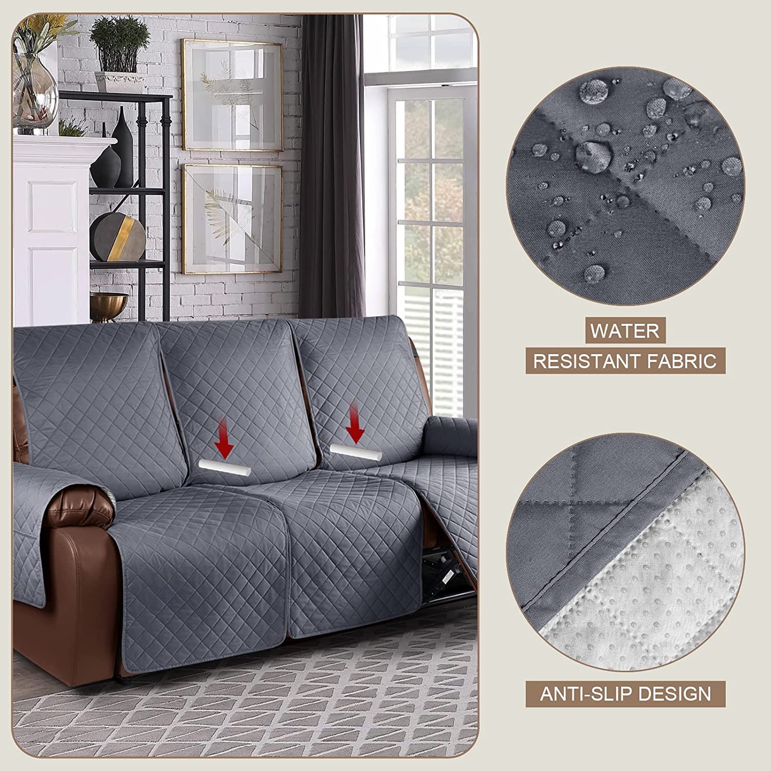 Funda de Silla Relax Antideslizante Funda para Sofá, Funda Sillón Reclinable Impermeable con Reposabrazos y Bolsillos, Fundas de Muebles para el hogar con mascotas y niños (Gris Oscuro,3 Plazas/Sofá)