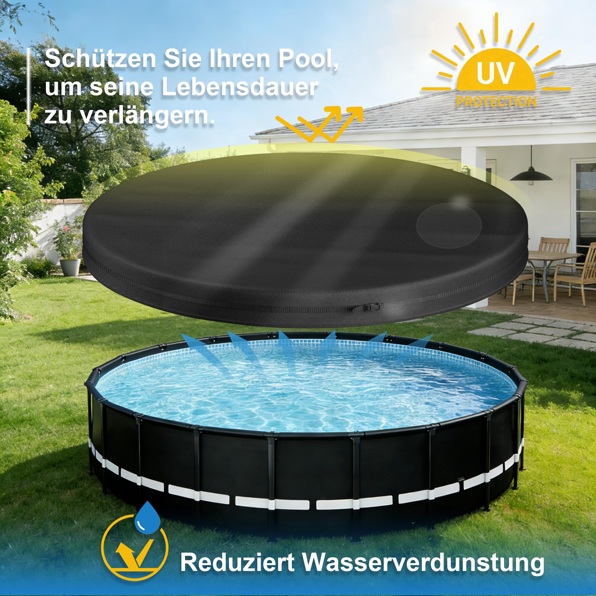 Bâche de piscine ronde 420D, résistante aux UV, avec cordon de serrage et clous de sol, coupe-vent et indéchirable, empêche la chute des feuilles, bâche ronde pour piscine (428 cm)