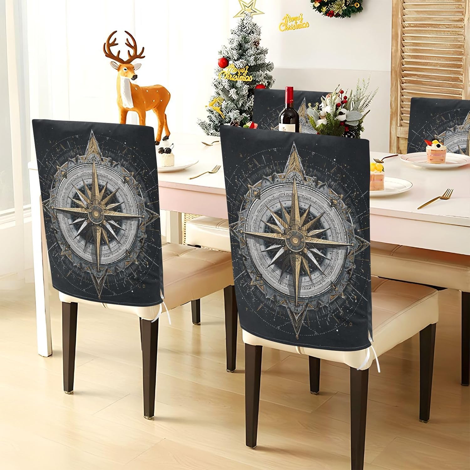 ALAZA Vintage Compasses Chair Back Cover Set of 6, Washable Reusable Removable Chair Slipcovers Decorative Chair Cover for Home Kitchen Wedding Party