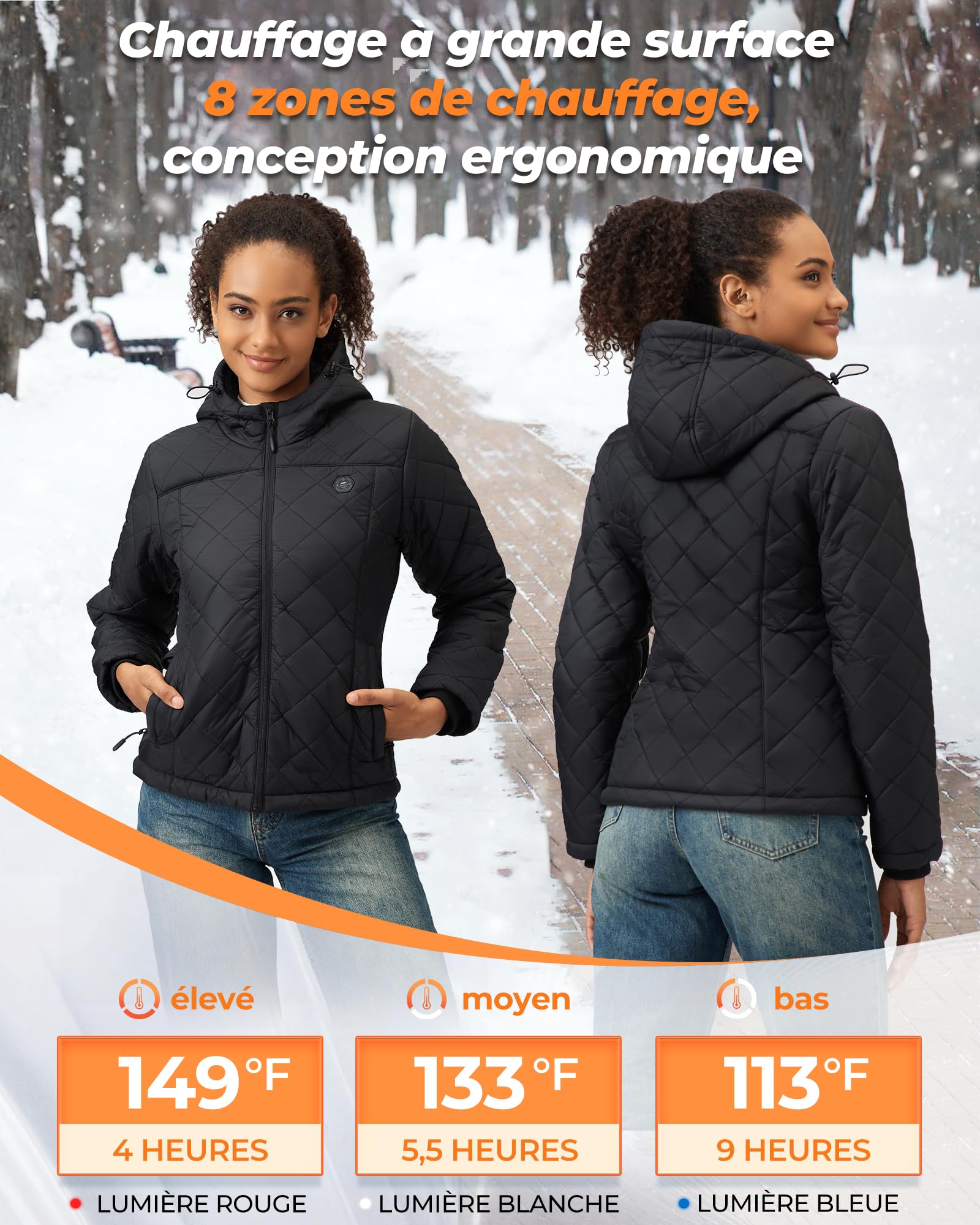 Veste Chauffante Femme Avec Batterie Incluse De 18400 Mah 12v, 8 Zones De Chauffage,Manteau Chauffant Femme Avec 3 Niveaux De Tempé pour activités en plein air
