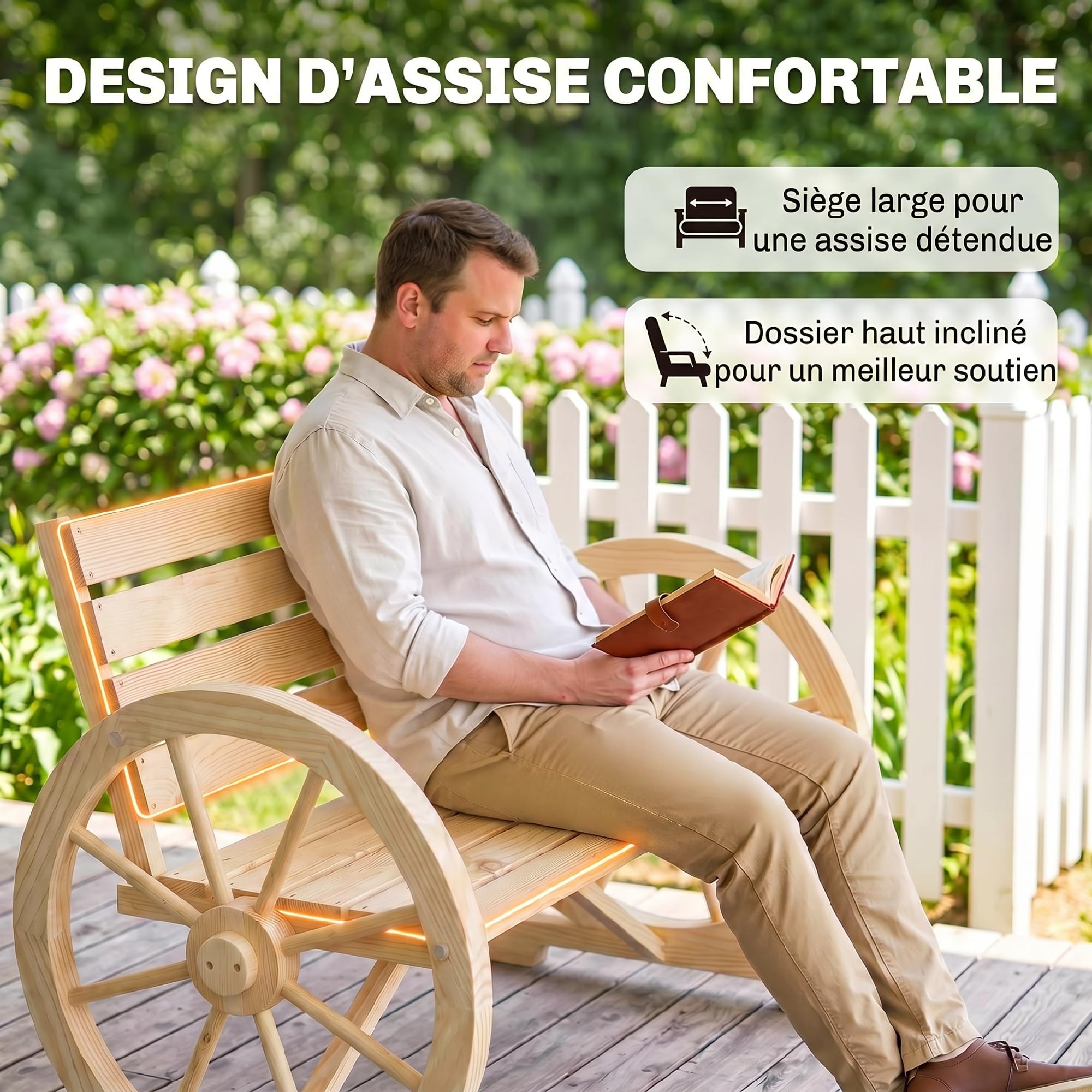 Outsunny Banc de Jardin Banc 3 Places Banc en Bois Style Rustique Chic accoudoirs Roues Charette Bois Sapin Effet Bois Naturel