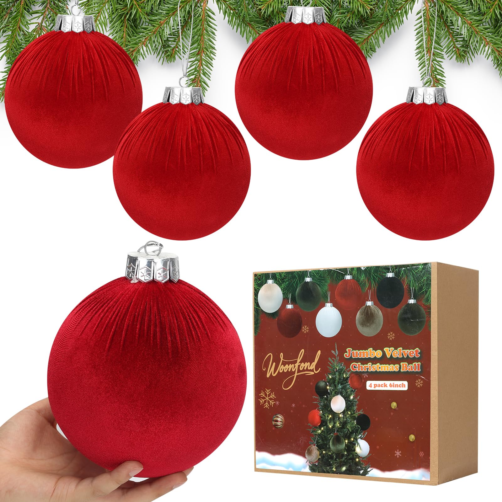 4 Pieces Jumbo Christmas Velvet Balls, Large Christmas Tree Ball Ornaments, Giant Xmas Tree Ornaments for Holiday Decorations (Red, 6 inch)