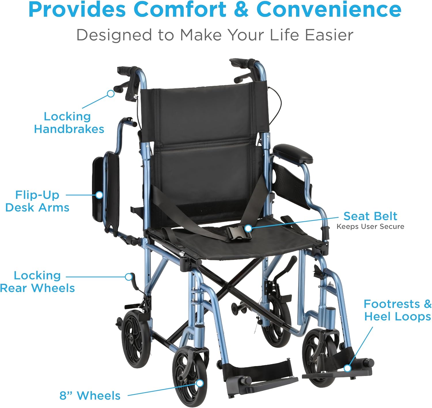NOVA Lightweight Folding Transport Chair for Adults – Aluminum Foldable Travel Wheelchair with Flip-Up Desk Arms, One-Grip Locking Hand Brakes, 8” All-Terrain Wheels, 300 lb Capacity, Blue