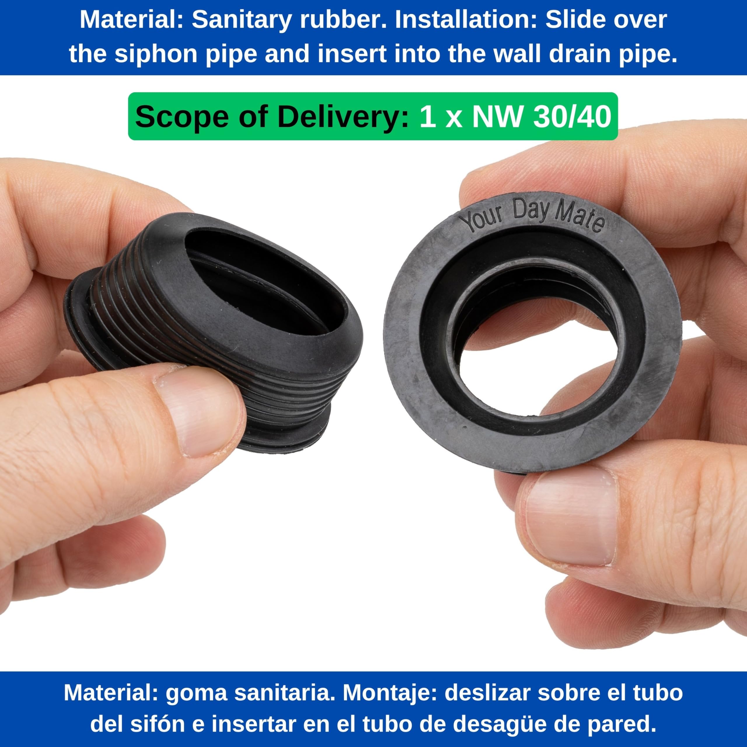 Manicotto Sifone in Gomma, 1 pz, DN 30/40, Per Tubo di Scarico DN40 HT con Ø Interno 40 mm e Tubo Sifone Esterno da 1 1/4" Ø 28-32 mm, Guarnizione Lavello in Gomma Attacco Ø 45 mm Profonda 25 mm