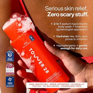 Tower 28 SOS Rescue + Relief Unscented Body Wash - Gentle + Moisturizing Shower Gel with Sodium Hypochlorite for Irritated, Itchy, and Dry Skin - Hypoallergenic Body Care for Sensitive Skin (8.4 oz)