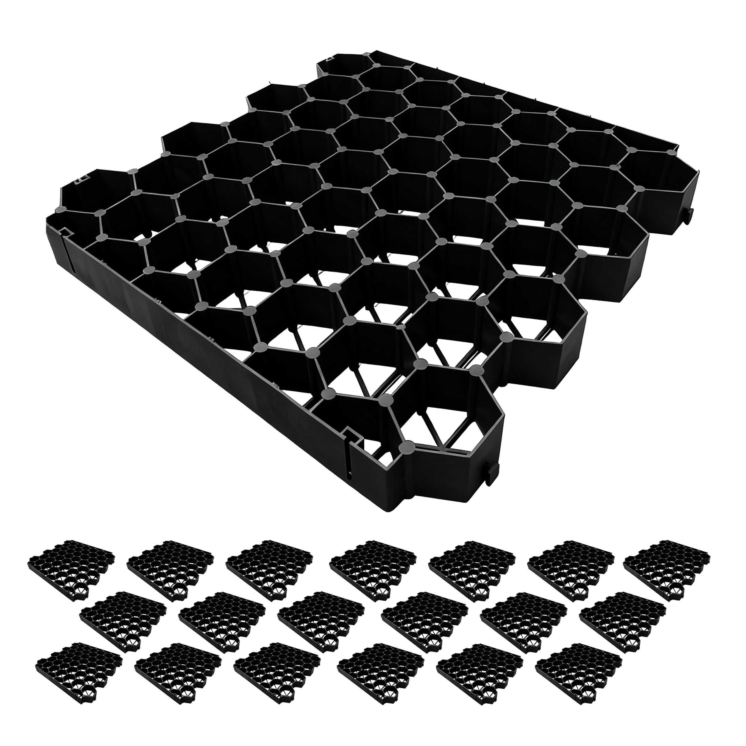 Relaxdays Rasengitter Kunststoff, 20er Set, 4x50x50 cm, ohne Unterbau, befahrbar, Paddockplatten, Rasenplatten, schwarz