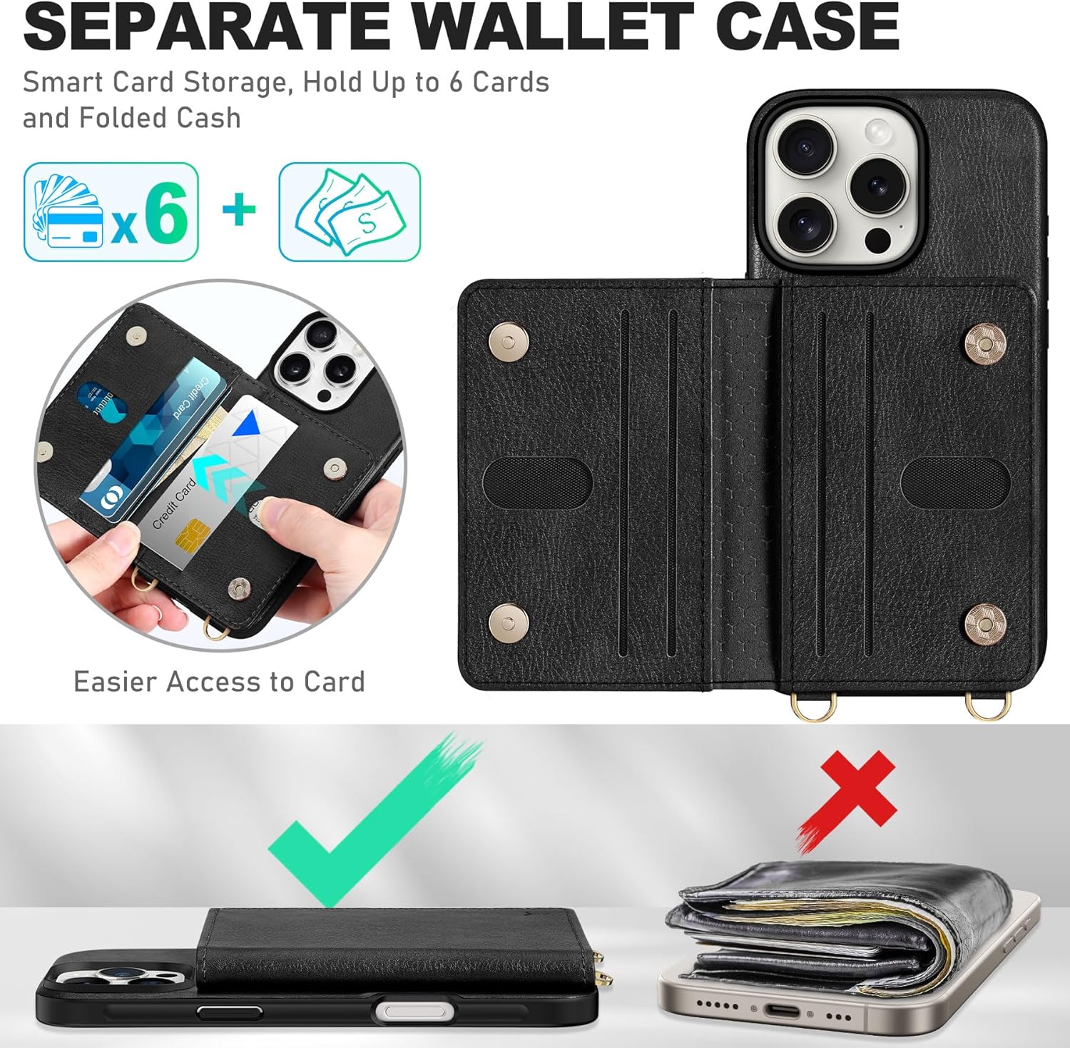 TUCCH Crossbody Wallet Case for iPhone 16 Pro, RFID Blocking [6 Card Slots][Detachable Adjustable Lanyard], Magnetic Flip Wallet PU Leather Shockproof Phone Cover for iPhone 16 Pro, Textured Black - Image 4