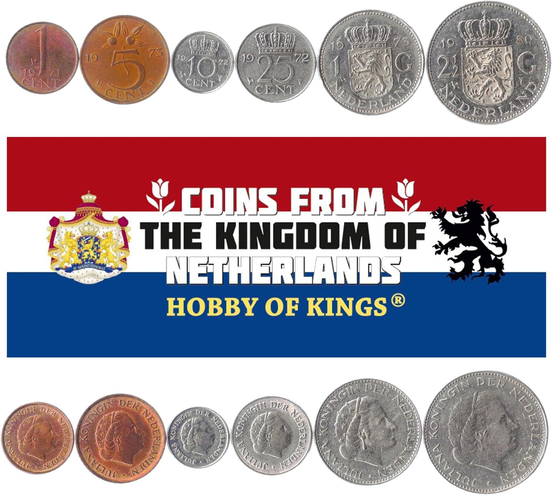 6 Coins from Netherlands | Dutch Coin Set Collection 1 5 10 25 Cents 1 2½ Gulden | Circulated 1950-1980 | Queen Juliana