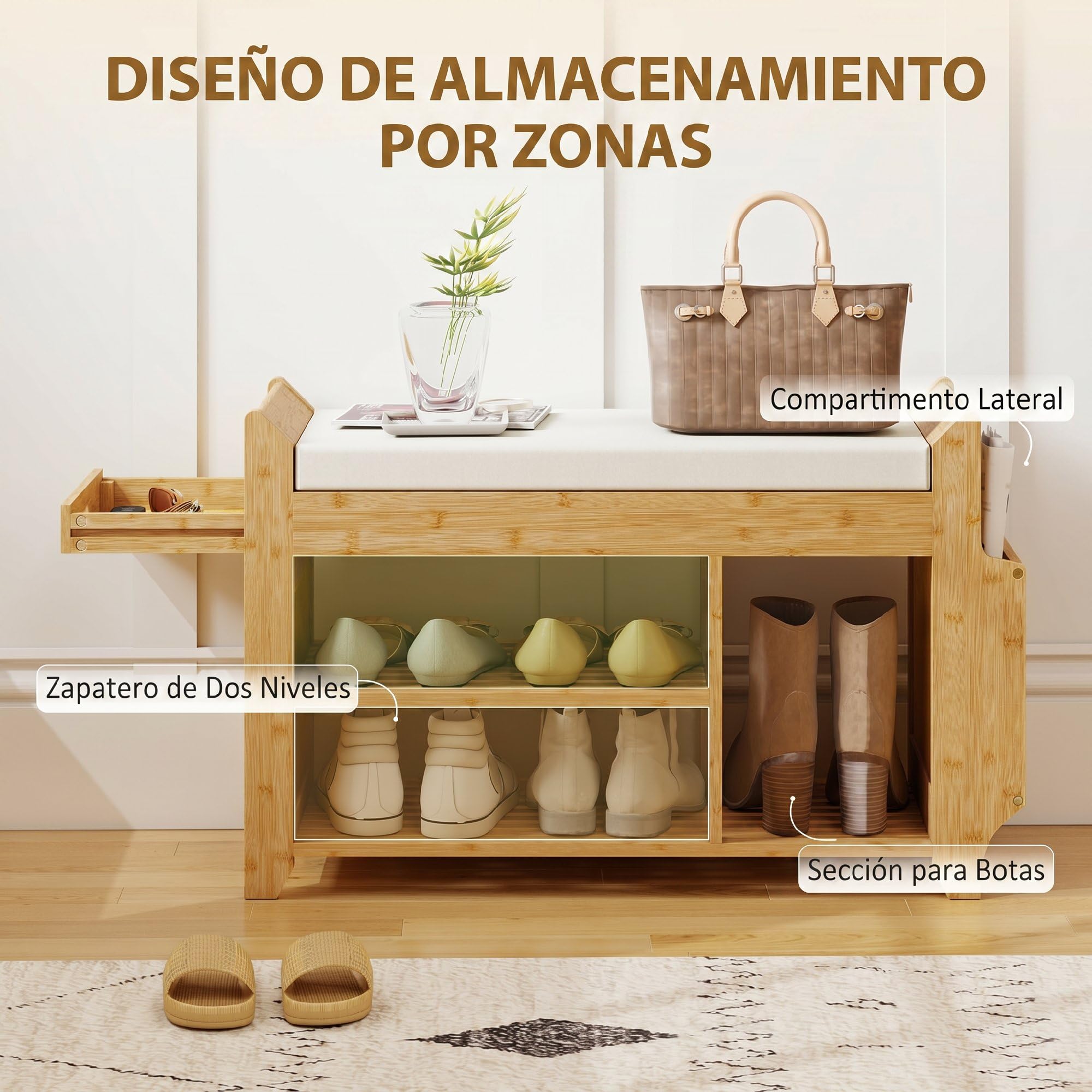 HOMCOM Banco Zapatero con Asiento Acolchado 80x30x50 cm Natural y Beige | Banco Recibidor, Almacenamiento Lateral, Estante para Botas, Marco de Bambú, Entrada de Casa, Pasillo, Salón