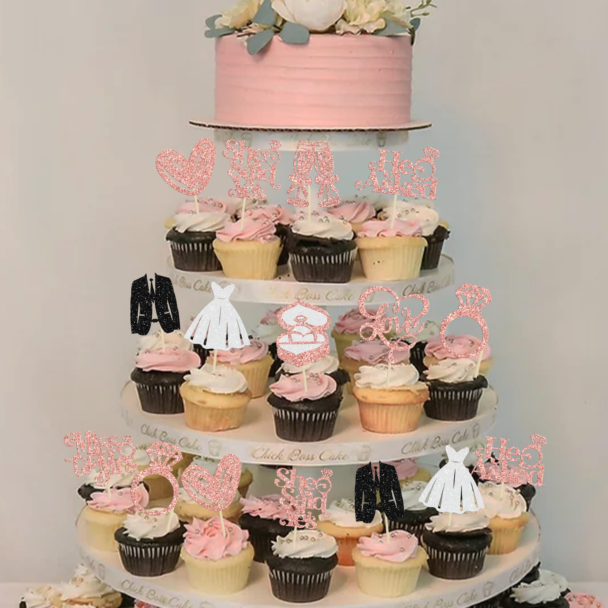Gyufise 30Pcs She Said Yes Cupcake Toppers Glitter Diamond Ring I Do Love Cupcake Picks Miss to Mrs He Asked Bridal Shower Wedding Engagement Bachelorette Cake Decoration Rose Gold - Image 4
