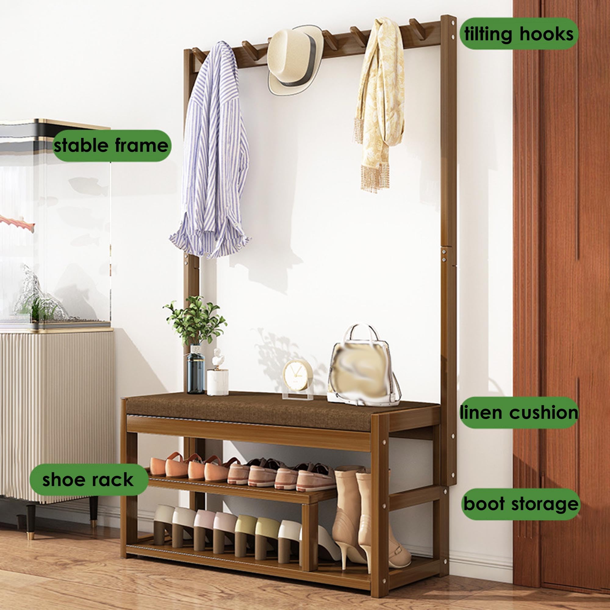 Perchero Con Banco Y Zapatero - 120x40x200 Cm, Blanco, Con 3 Ganchos Y Estante Ajustable, Para Pasillo O Entrada