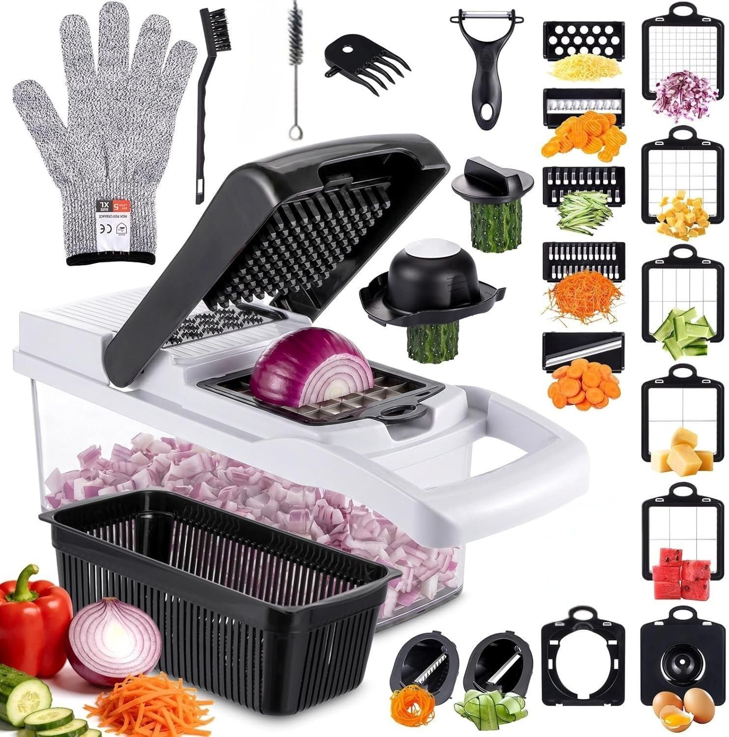 Vegetable Chopper, Vegetable Chopping, 25-in-1 Deluxe Pro Vegetable Chopper 13 Blades for Kitchen Gifts | Onion Chopper & Dicer | Peeler, Spiralizer, Lemon Squeezer, Egg Slicer & Seperator