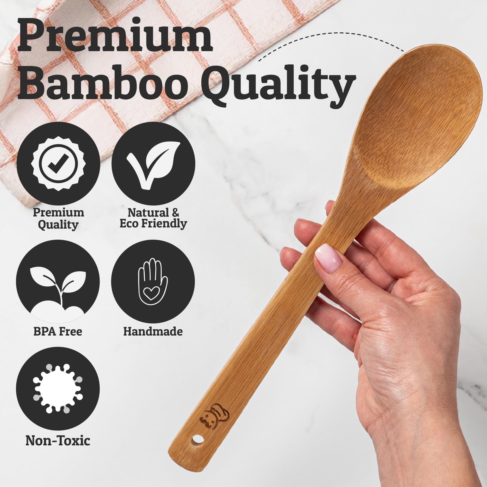 PriorityChef - Cucharas de madera para cocinar, 9 piezas con pinzas, utensilios de cocina de bambú antiarañazos, juego de utensilios de madera no tóxicos, fácil de limpiar, juego de utensilios de
