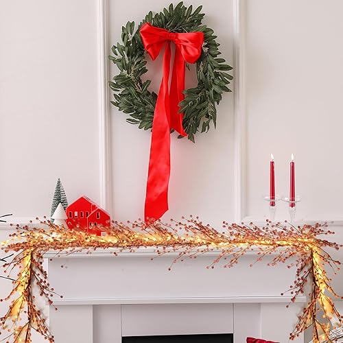 Miniatura 4 de Guirnalda de bayas artificiales de Navidad de 6 pies, funciona con pilas, guirnalda de tallo flexible para Navidad, hogar, mantel y decoración de