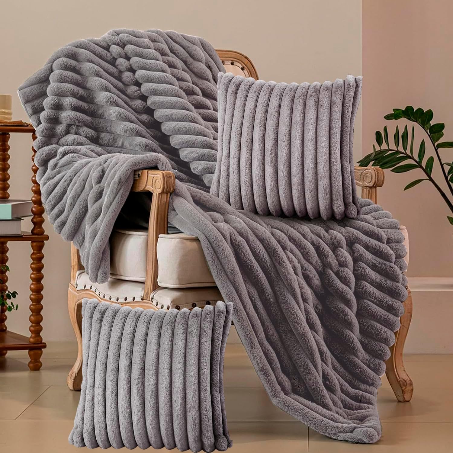 Blanket & Throw Pillow Covers Set - Dual-Sided Faux Fur Fluffy Blanket (50" x 60"), 2 Pcs Cozy Plush Throw Pillow Cover (18" x 18"), Soft Fuzzy Decorative Coach Decor for Bed Sofa Living Room, Gray