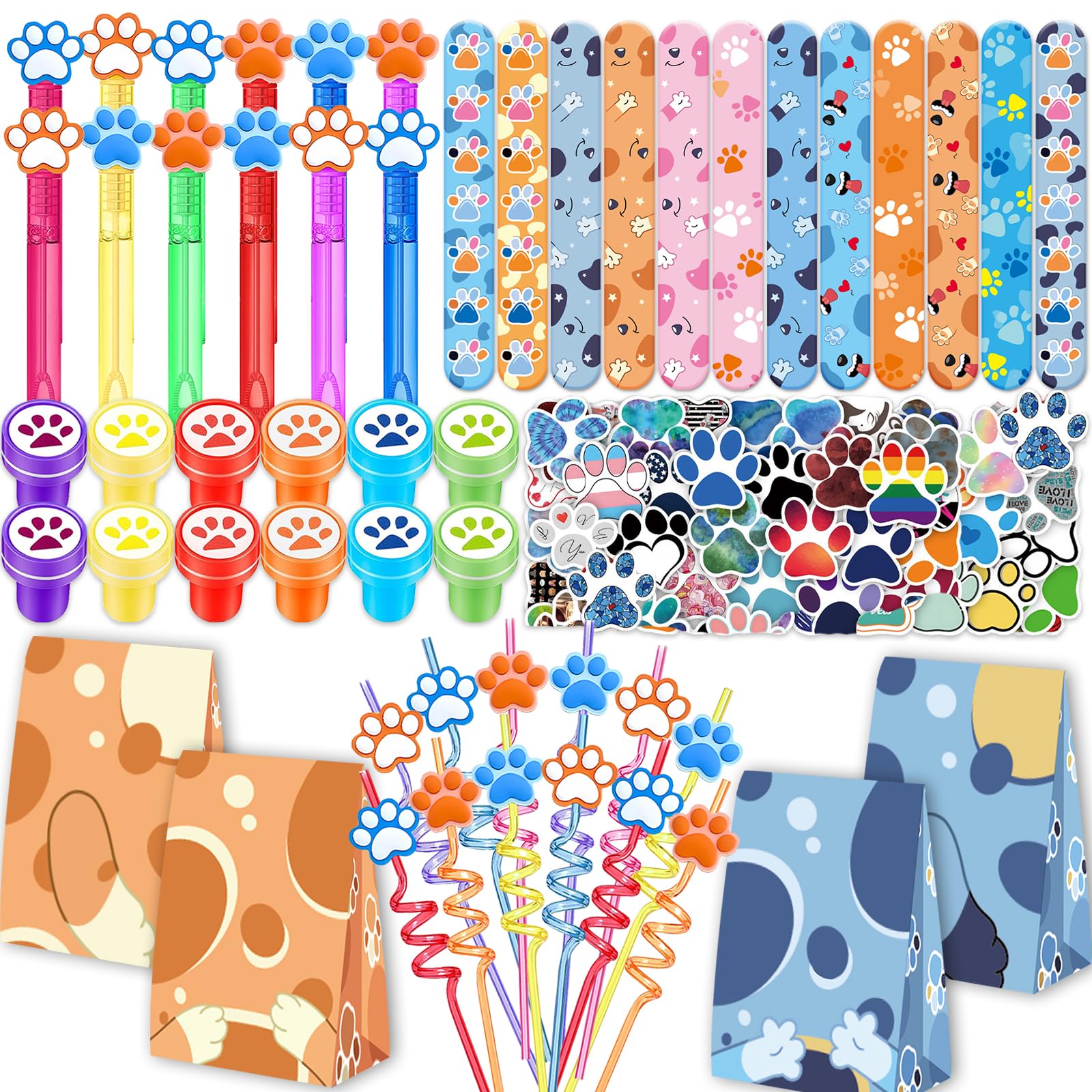JJWYLTKB Dog Paw Party Favors Set - 120pcs Dog Paw Theme Party Supplies with Slap Bracelets, Bubble Wands, Stickers, Straws & Gift Bags for Birthday