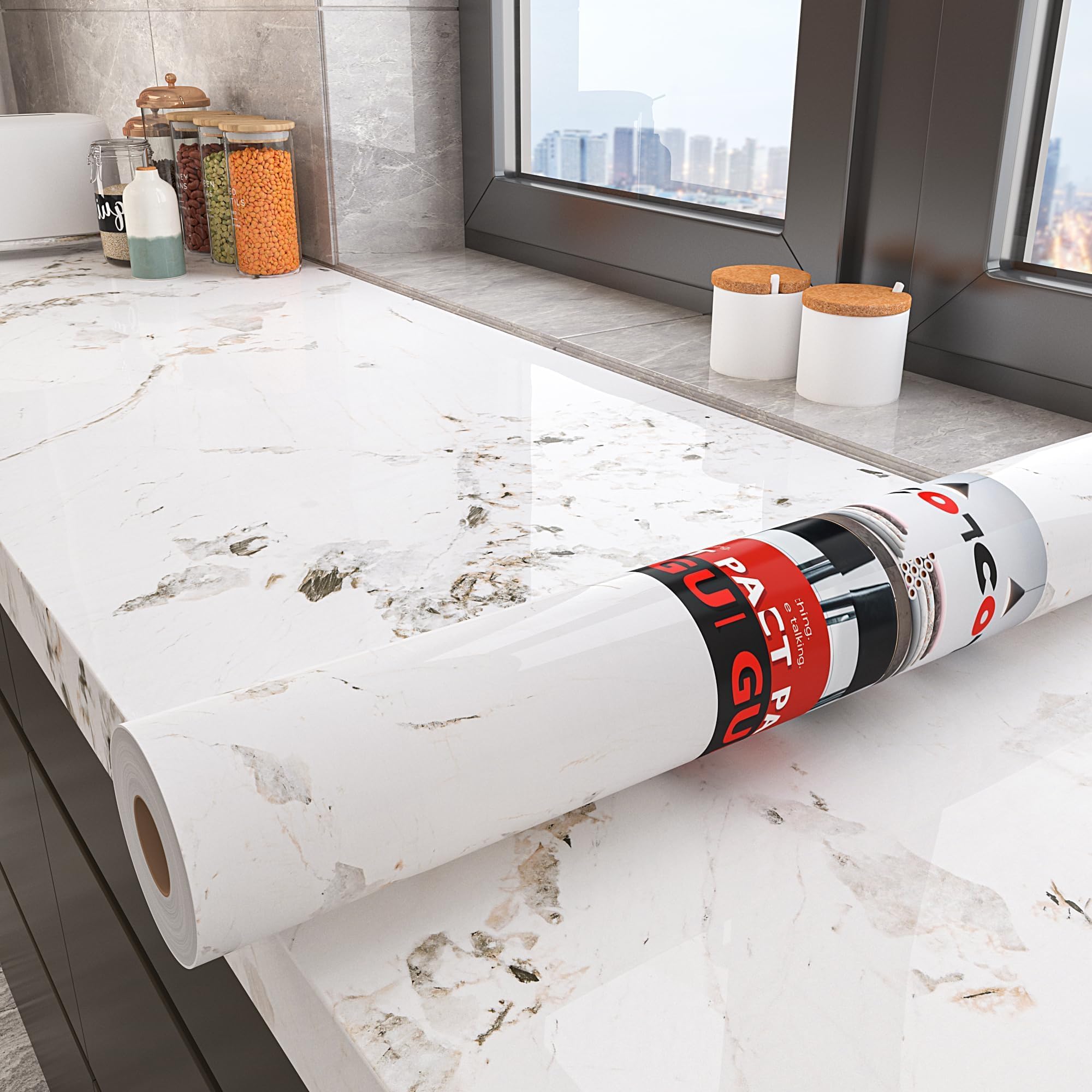 Rouleau adhésif cuisine étanche et papier peint marbre blanc lavable