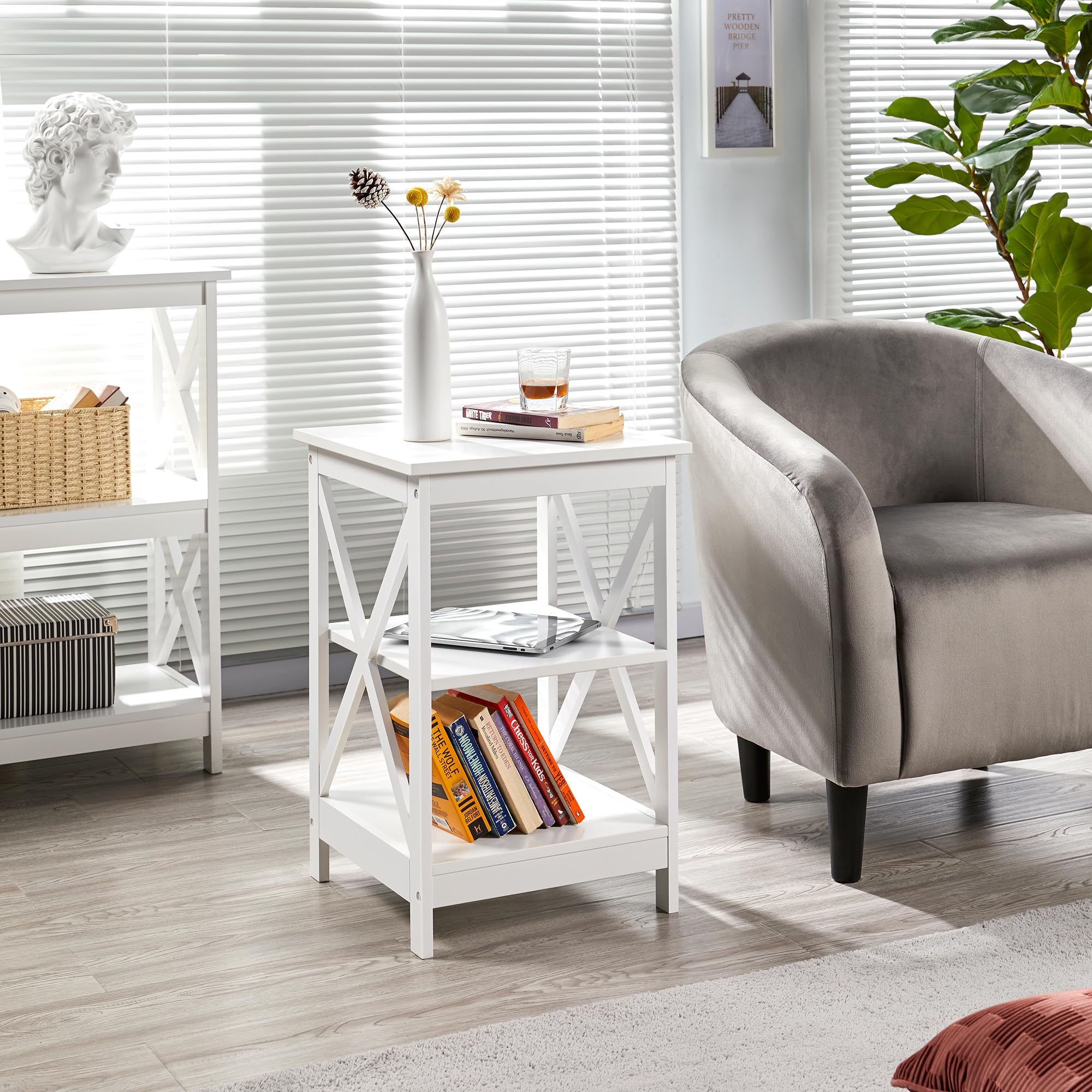 Yaheetech Tavolino Basso da Salotto a Forma X | Tavolino da Caffè a 3 Ripiani Bianco Design Moderno Comodino da Camera da Letto Soggiorno 40 x 40 x 61 cm