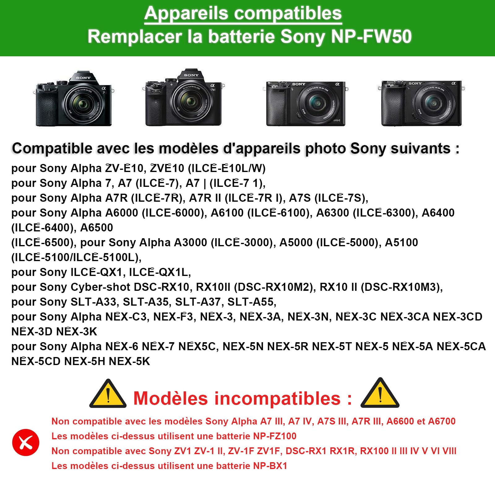 AC-PW20 Adaptateur Secteur NP-FW50 Kit de Batterie factice pour Sony Alpha ZV-E10 A7 A7R A7S A7II A7RII A7SII A6500 A6400 A6300 A6100 A6000 A5100 A5000 RX10 II III IV NEX-3 NEX-5 Caméras