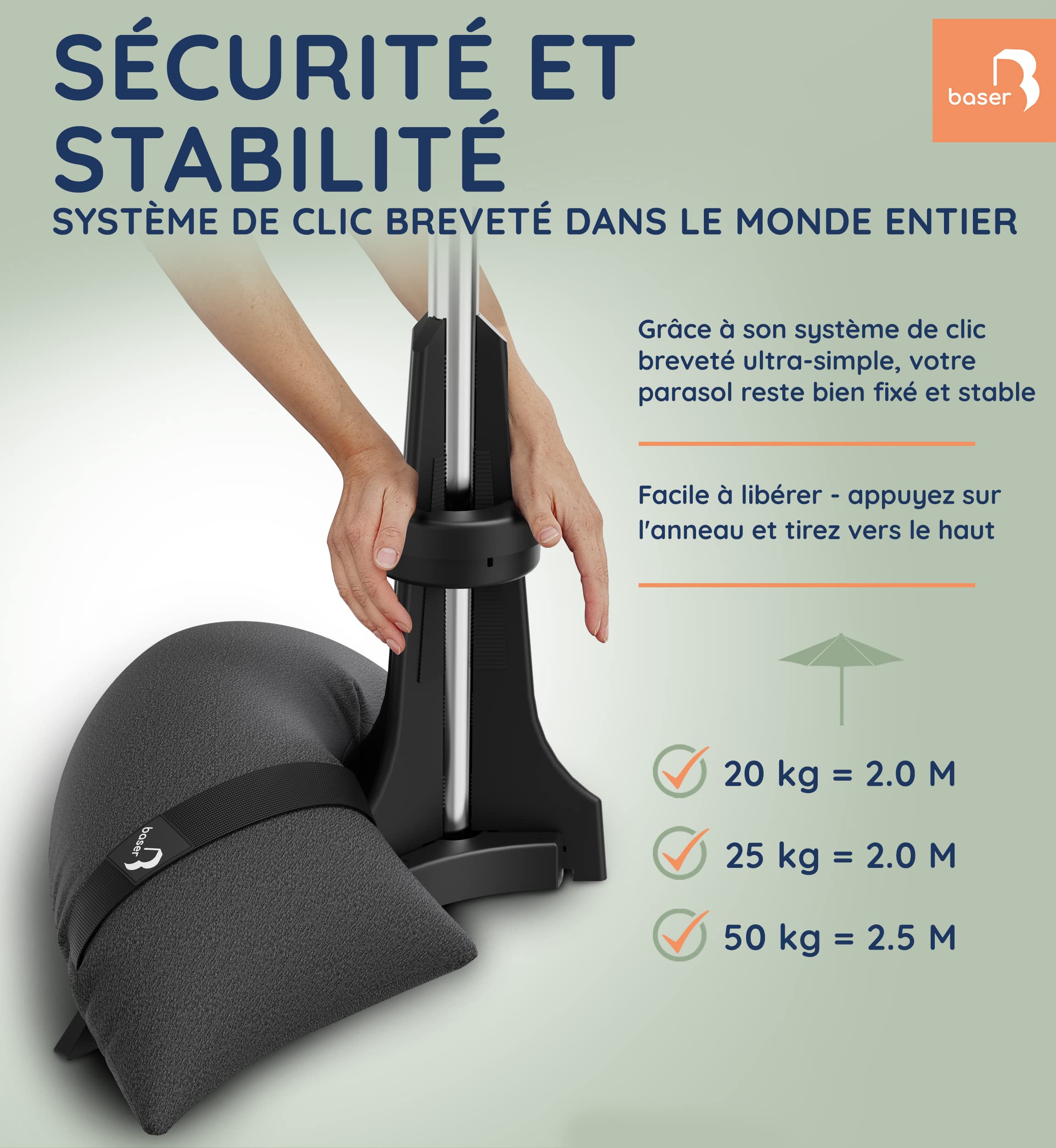 Baser Pied de Parasol Balcon avec Sacs de Sable, Base pour Parasol de Jardin Exterieur Gain de Place, Support Lestés pour Mât 20-40mm, Gris