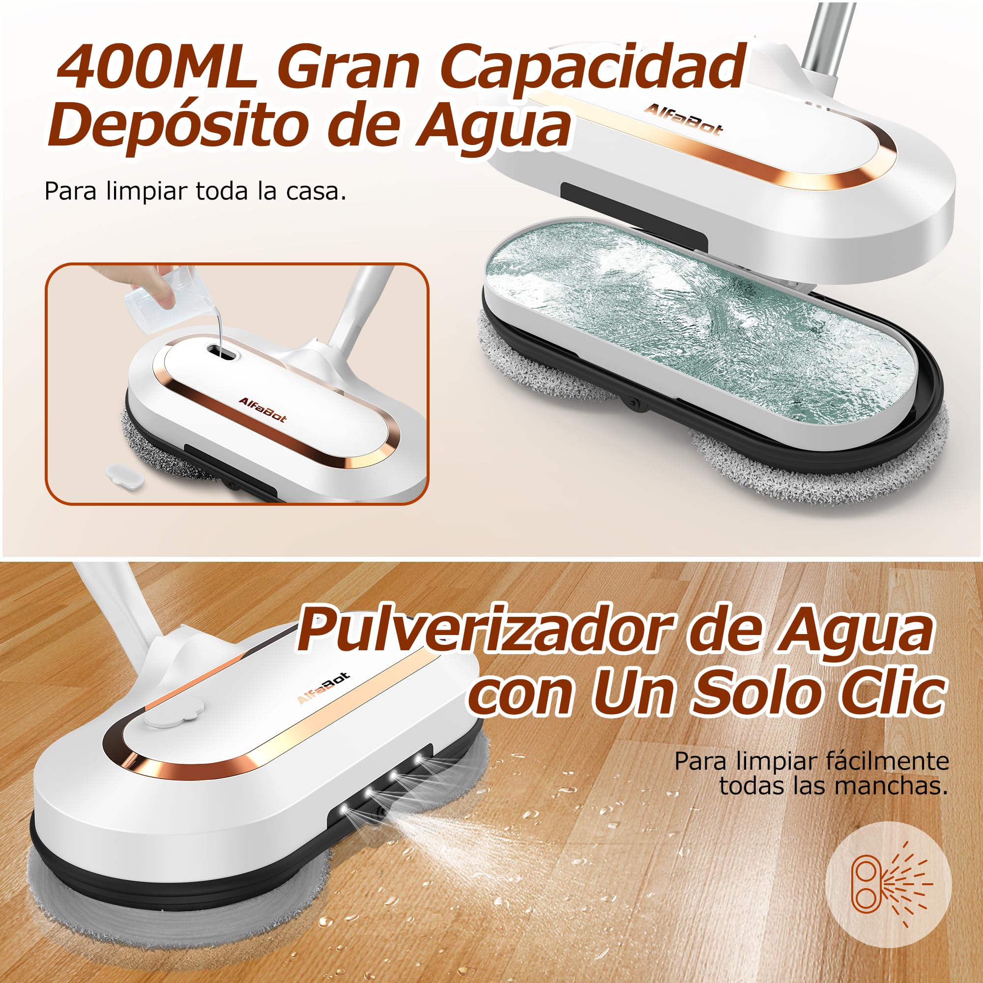 AlfaBot S2, Frefona Eléctrica Inalámbrica 400ML, 60min de Autonomía, Mopa Eléctrica sin Cable con Función de Pulverización y LED, Para Limpiar, Fregar y Pulir para Suelos de Madera y Baldosas