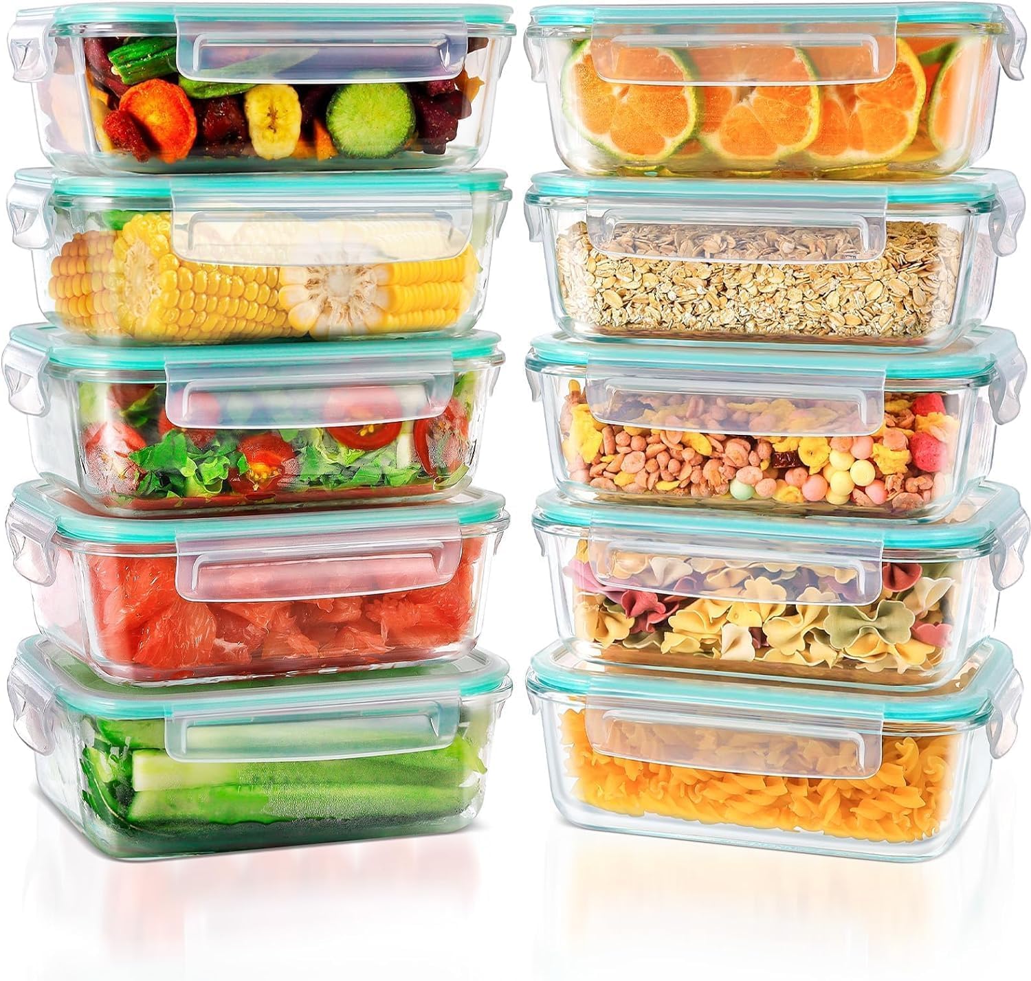 Feshory 10 Pack Large Airtight Glass Food Storage Containers with Plastic Lids (1040ML/35Oz) - Glass Meal Prep Food Containers, Lunch Box for Kitchen Storage & Organisation