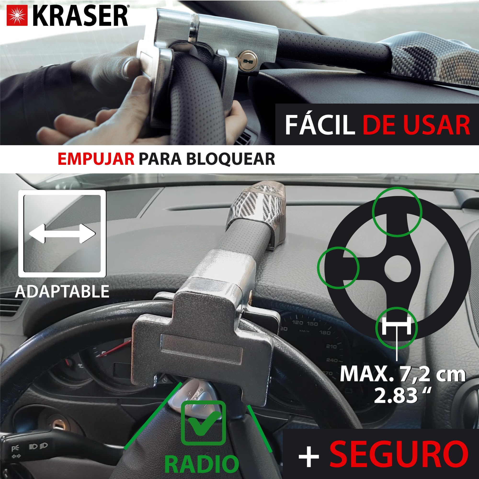 KRASER KR830 Antirrobo Coche, Barra Volante con Alarma 120dB, Robusto Bloqueo Alta Seguridad, Fácil de Usar, Acero Más Calidad, Cepo Coche Universal SUV Furgoneta Autocaravana