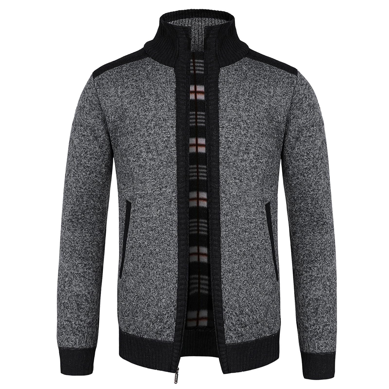 LY4U Herren Strickjacke Durchgehender Frontreißverschluss mit 2 Seitentaschen, Stehkragen Warme Fleece gefütterte Wintermantelpullover
