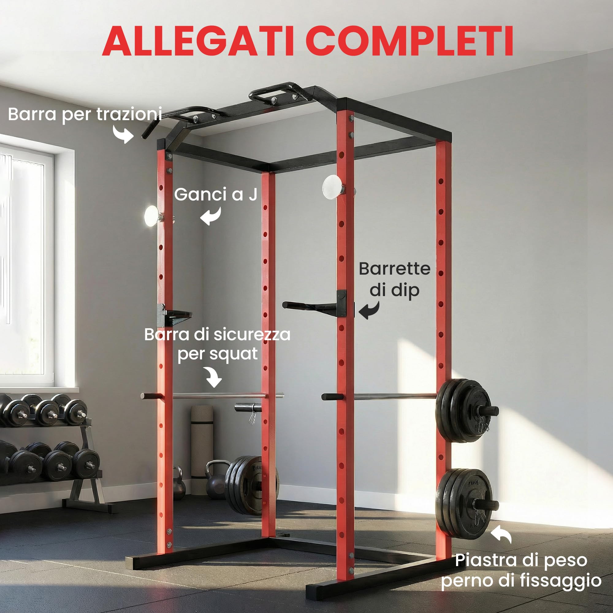 SPORTNOW Power Tower con Barre per Dip e Trazioni, Ganci J, Rack Palestra Multifunzione con Altezza Regolabile 11 Livelli, Struttura Acciaio, per Allenamento Fitness a Casa Palestra, Capacità 460 kg