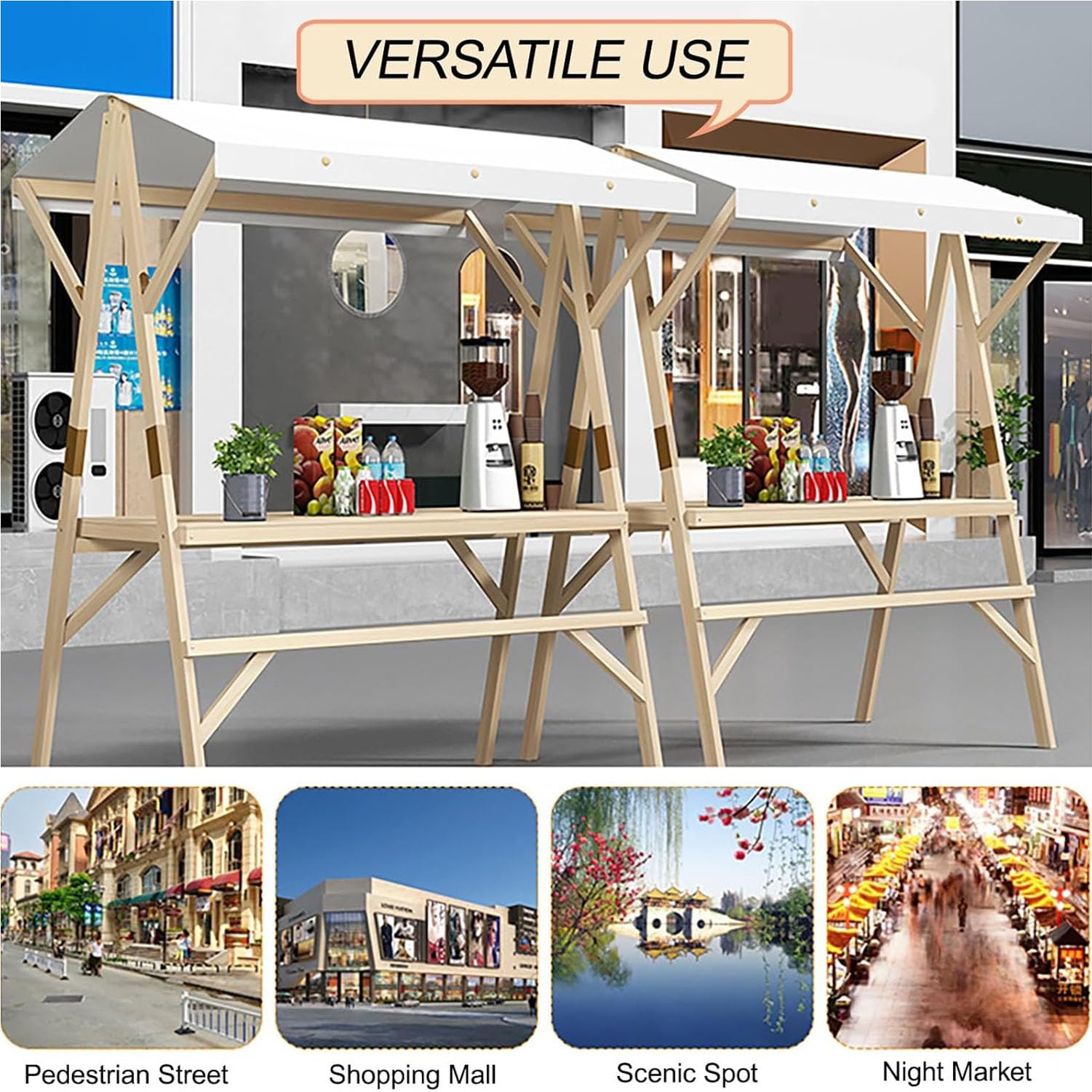 Puesto De Mercado Portátil De Madera Cubierto De Tela Carrito de Comida callejera de Madera Puestos Plegables for ferias de artesanías mercados callejeros,03,59in/150cm