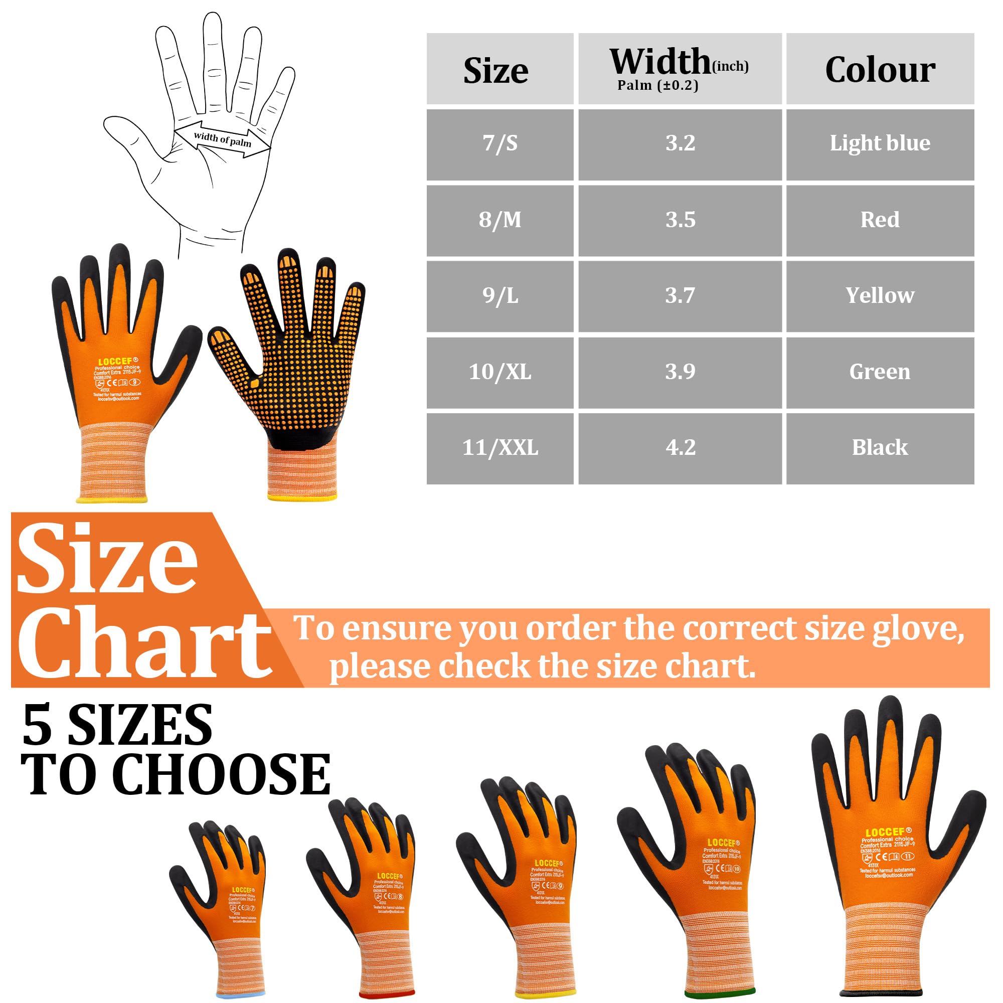 LOCCEF Guantes de trabajo con revestimiento de nitrilo de microespuma, 6 pares, nailon de punto sin costuras, puntos en la palma, guantes de agarre de puntos pegajosos, naranja, 9L