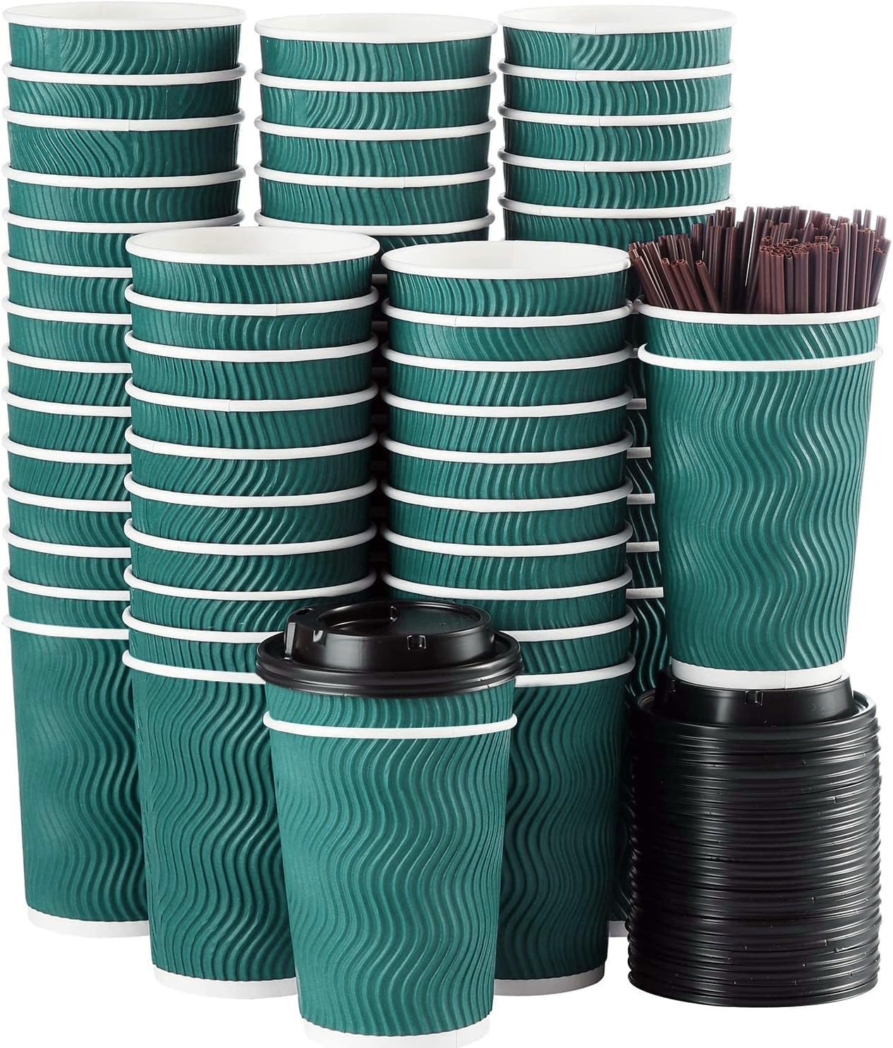 Disposable Coffee Cups with Lids and Straws(50 Set),Ripple Insulated Triple Corrugated Paper Cups,Durable Reusable Hot Paper Cups for Hot/Cold Beverages Espresso Tea Water (Green, 12 oz)