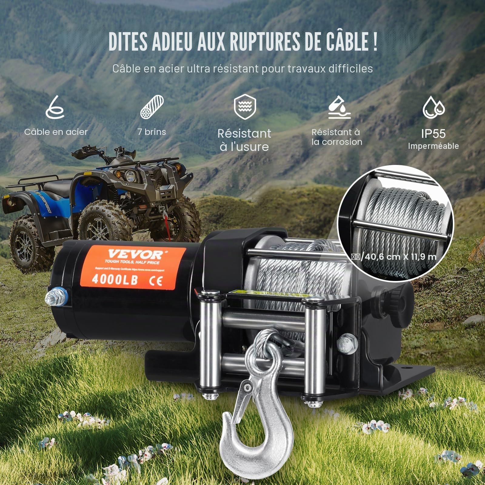 VEVOR Treuil Électrique VTT UTV Capacité de Traction 1814 kg 12 V CC avec Câble en Acier à 7 Brins Φ0,5 x 1188,7 cm, Télécommande Sans Fil et Filaire, Étanchéité IP55, Treuil pour Remorquage VTT UTV