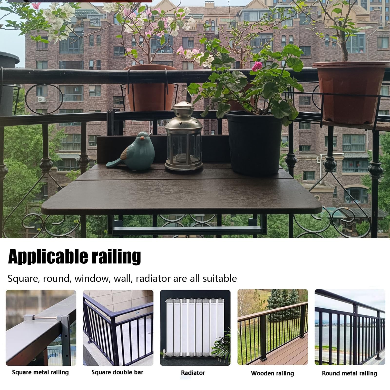 Generisch Klappbarer Balkontisch zur Geländermontage - Wandmontierter Beistelltisch für den Außenbereich, robust und sonnenbeständig, multifunktionales Terrassenaccessoire (60 x 27 cm)