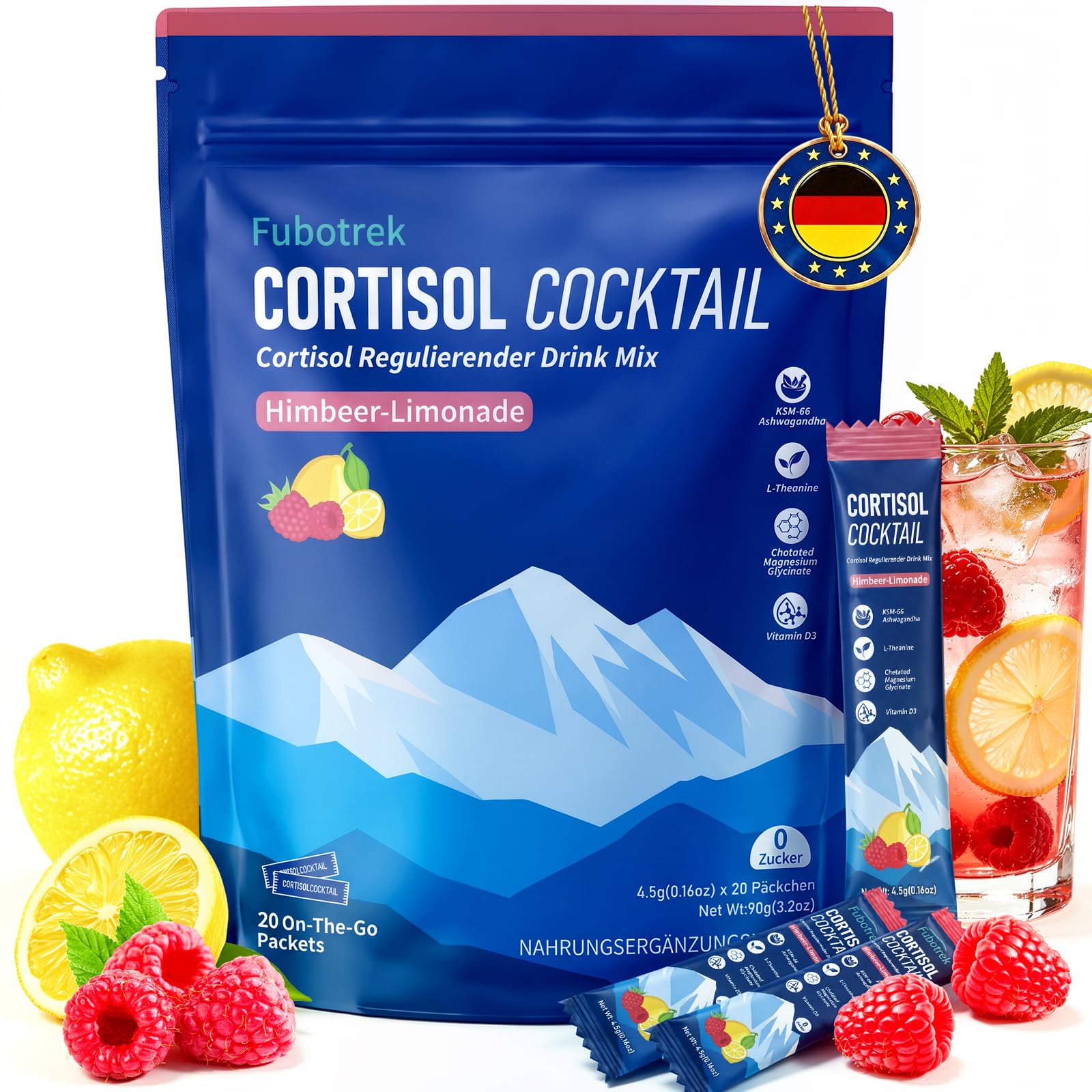Jello Cortisol Cocktail Pulver, 20 Stücks Cortisol Senken zum Abnehmen | mit Ashwagandha, L-Theanin, Magnesiumglycinat, Vitamin D3-Für schlafen, Entspannt, Stress Reduzieren & Konzentration Bleiben